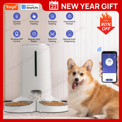 Wifi Automatic Cat Feeders for 2 Cats, 4L Cat Food Dispenser with APP Control, Double Stainless Steel Bowls, Low Food Alarms